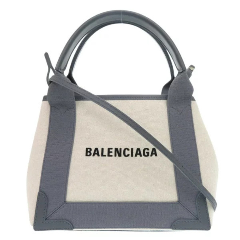 Balenciaga Navy Blue Cabas Canvas Leather Gray Beige Cream Handbag